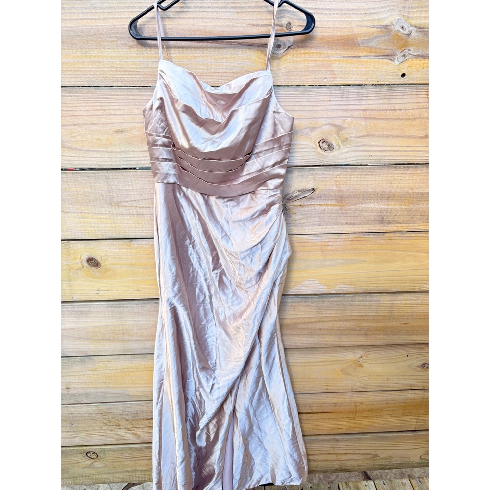 Champagne Satin Cowl Neck Formal Gown Ruched Corset Back Maxi Dress Size 8